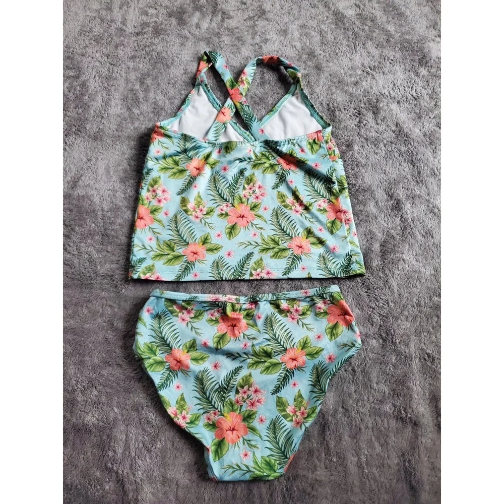 Bobbie Brooks Girls 2 piece Tropical Swim Suit Shirt Briefs L 10 12 Green Mint
